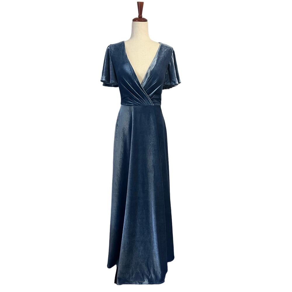 Babaroni Delores Dusty Blue Velvet Dress Women’s Size 6 Bridesmaid Wedding Guest